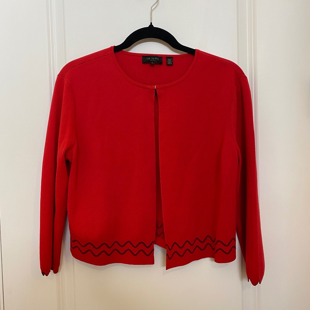 Women’s TED BAKER Red Scallop Cardigan Round Neck Long Sleeve. Size 3